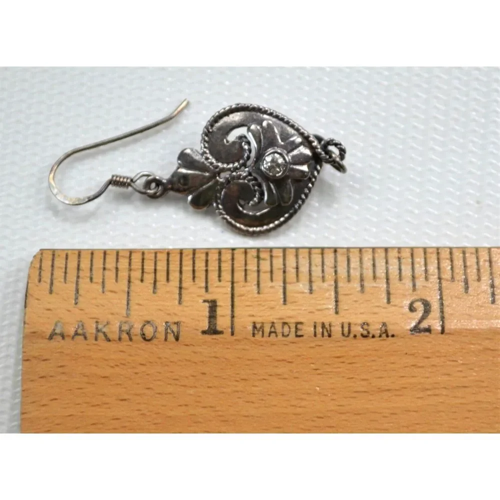 Vtg MC 925‎ Sterling Pierced Dangle Earrings Silver w/ Rhinestone & Black Bead - Picture 5 of 5